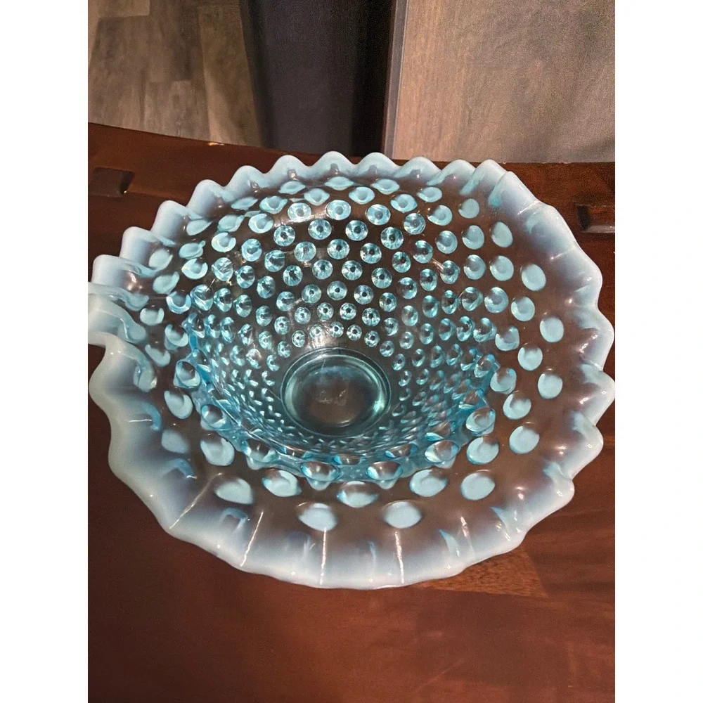 Fenton Blue Opalescent Hobnail Glass Ruffled Bowl Footed Candy Dish Vintage